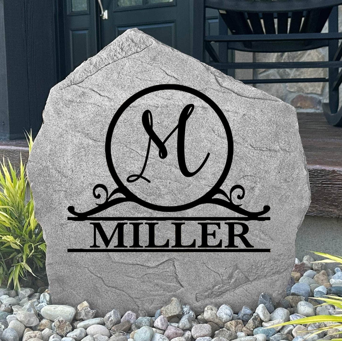 Personalized Circle Monogram Name Stone featuring your family initial and surname, creating a timeless centerpiece for gardens, patios, and front entrances.