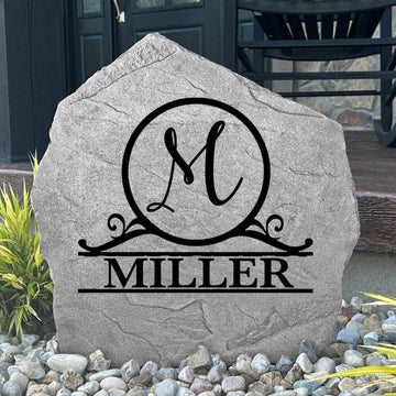 Personalized Circle Monogram Name Stone featuring your family initial and surname, creating a timeless centerpiece for gardens, patios, and front entrances.