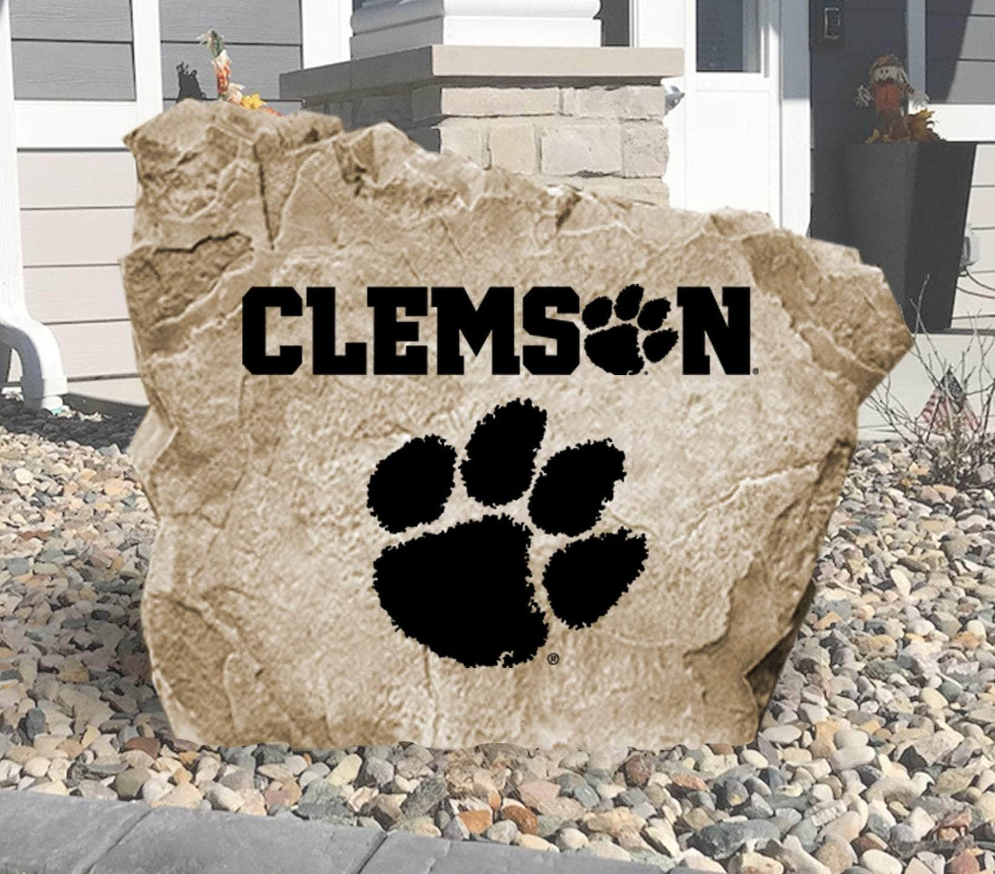 Engraved Clemson University logo stone for outdoor display