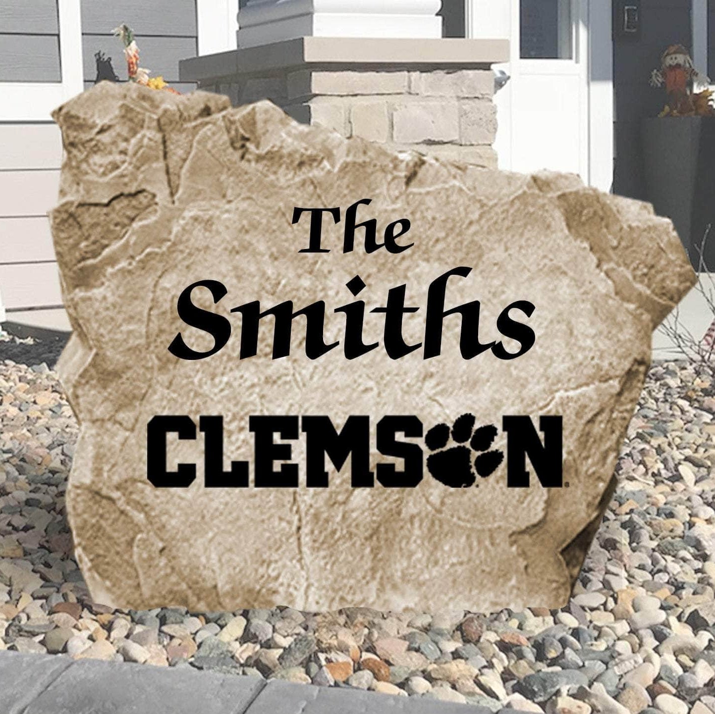 Personalized Clemson University Name Stone engraved with your family surname, creating a bold Tigers-inspired centerpiece for your home's landscape.