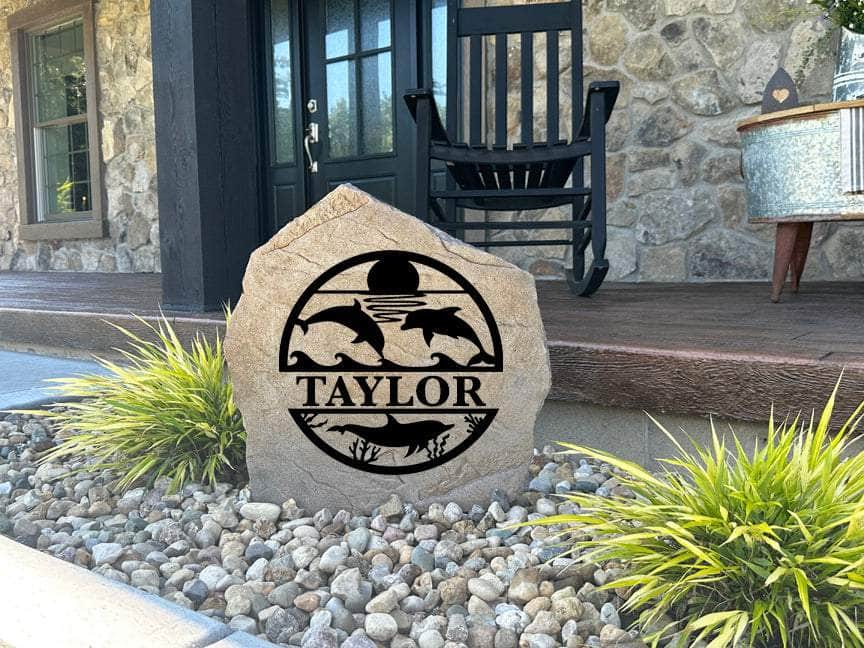 Beach-inspired engraved stone with marine life, perfect for front porch or landscaping.
