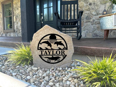 Beach-inspired engraved stone with marine life, perfect for front porch or landscaping.