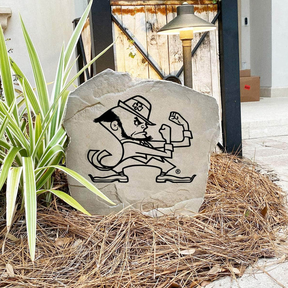 Engraved University of Notre Dame Leprechaun Stone featuring the classic Fighting Irish mascot logo, bringing collegiate spirit and timeless style to front yard landscapes, walkways, and outdoor living spaces.