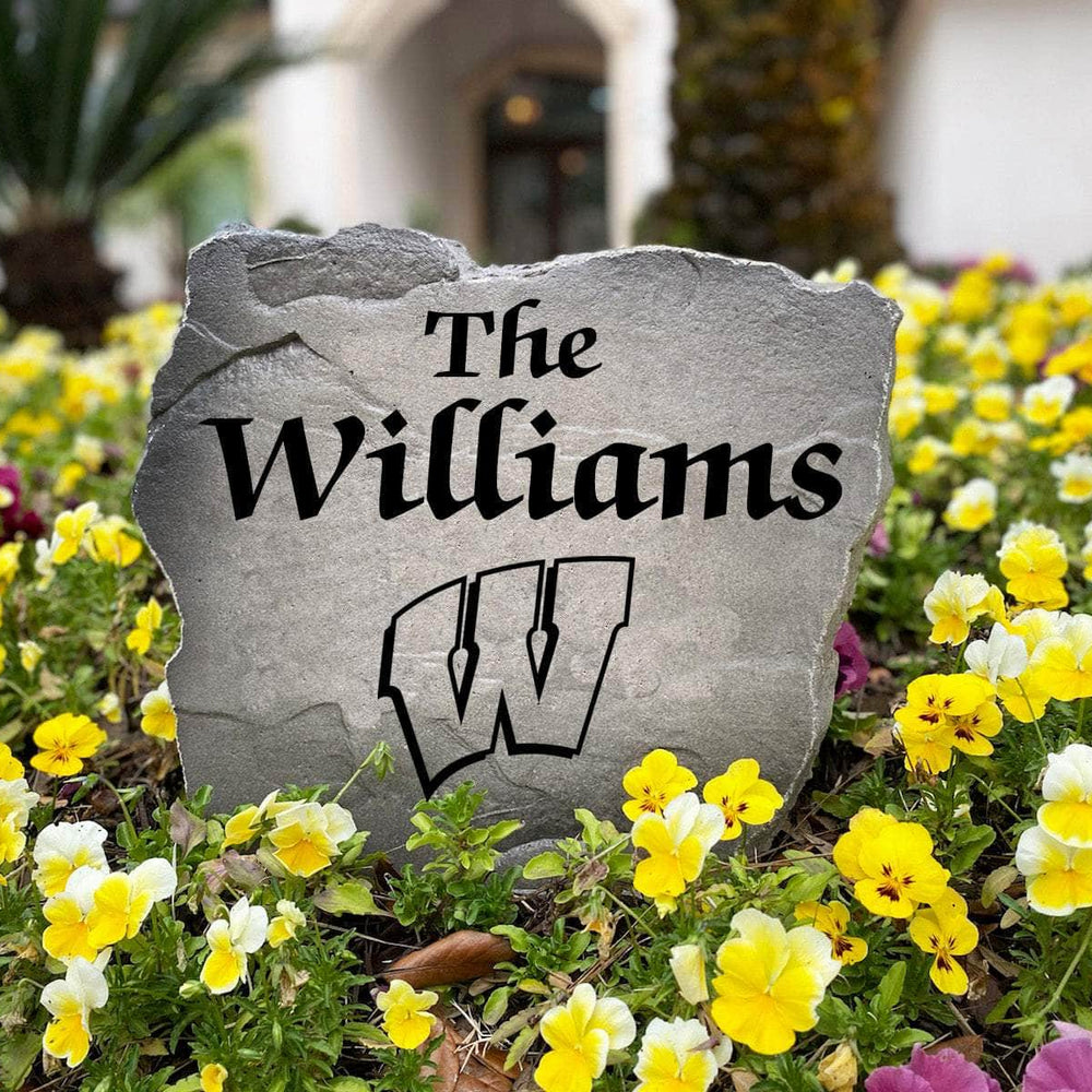Officially licensed Wisconsin Badgers Name Stone handcrafted in the USA with custom family engraving and detailed team artwork. This decorative garden stone enhances landscape beds, patios, and outdoor living spaces with lasting beauty and school spirit.