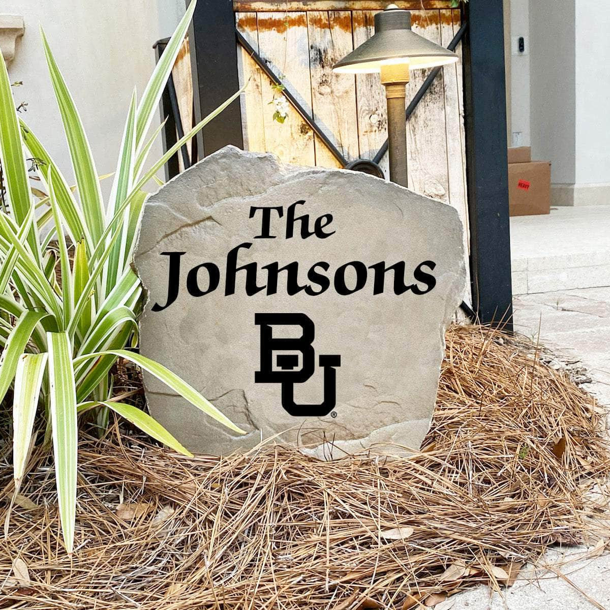 Engraved Baylor University Name Stone with a custom family name and the Baylor Bears logo, bringing collegiate spirit and timeless style to front yard landscapes, walkways, and home entrances.