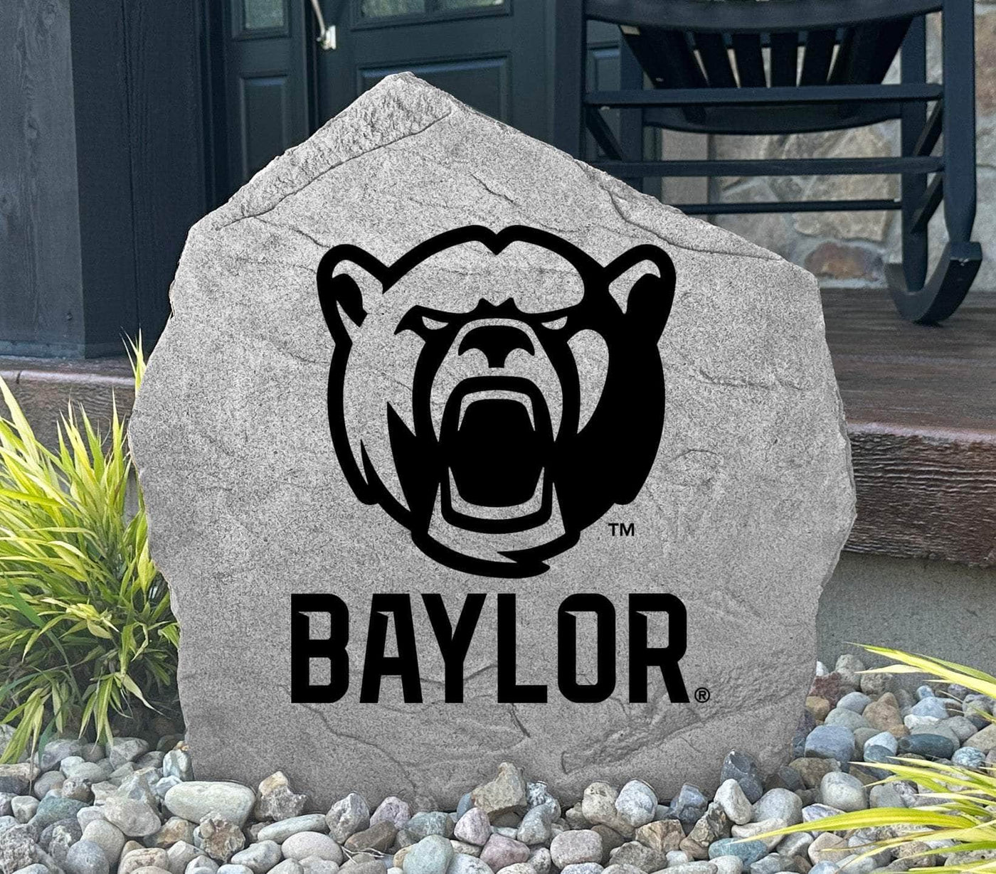 Outdoor rock with Baylor Bears logo, perfect for landscaping or front porch.