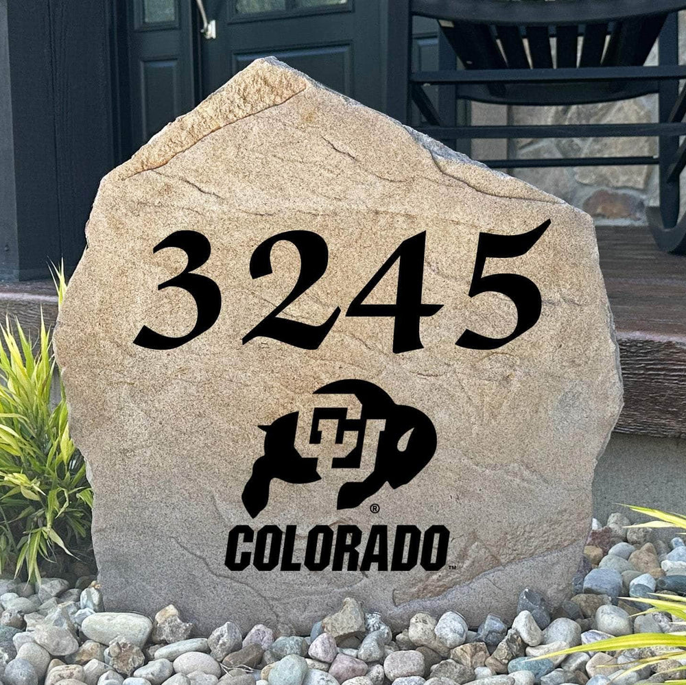 Officially licensed University of Colorado Address Stone featuring custom house numbers and the iconic Colorado Buffaloes logo engraved directly into the stone surface. This personalized address stone adds school pride and enhances curb appeal for front yards, gardens, driveways, and entryways.