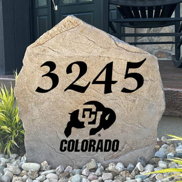 Officially licensed University of Colorado Address Stone featuring custom house numbers and the iconic Colorado Buffaloes logo engraved directly into the stone surface. This personalized address stone adds school pride and enhances curb appeal for front yards, gardens, driveways, and entryways.