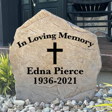 Cross memorial stone beautifully engraved to honor the life of a loved one while bringing faith, peace, and comfort to a memorial garden.