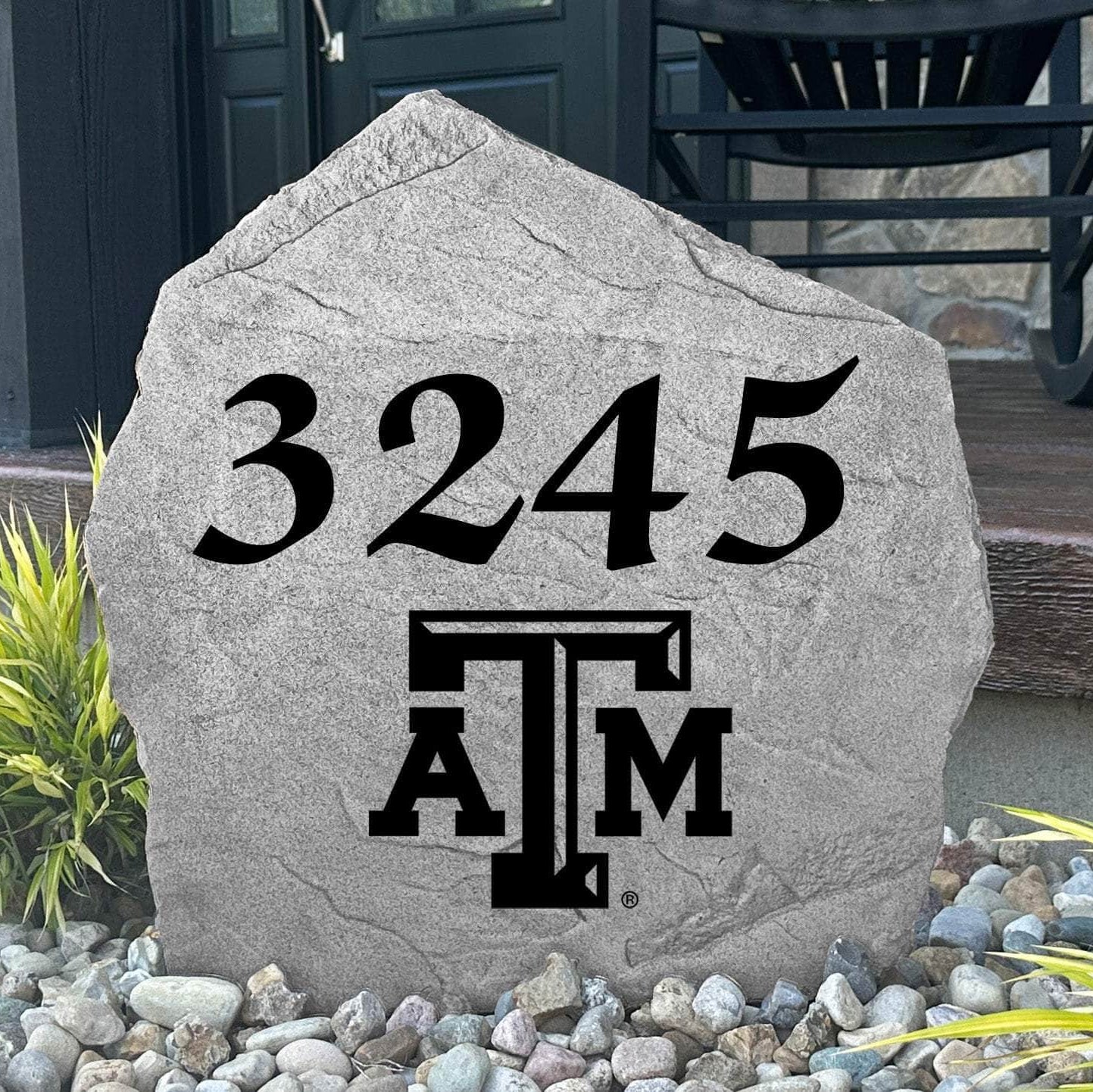 Custom Texas A&M University Address Stone featuring the official Aggies logo and personalized house numbers. A stylish way to display your address in front yards, driveways, gardens, and landscaped entryways.