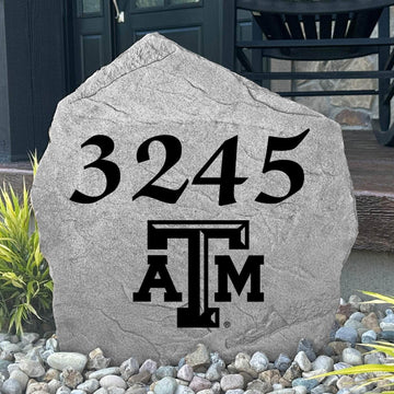 Custom Texas A&M University Address Stone featuring the official Aggies logo and personalized house numbers. A stylish way to display your address in front yards, driveways, gardens, and landscaped entryways.