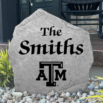 Custom Texas A&M Aggies Name Stone featuring the official university logo and your personalized family name. A perfect landscape accent for gardens, patios, front entryways, and flower beds.