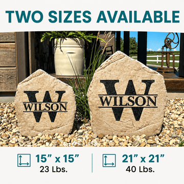 Two sizes of personalized engraved garden stones shown side by side in landscaping including 15x15 and 21x21 custom stone options