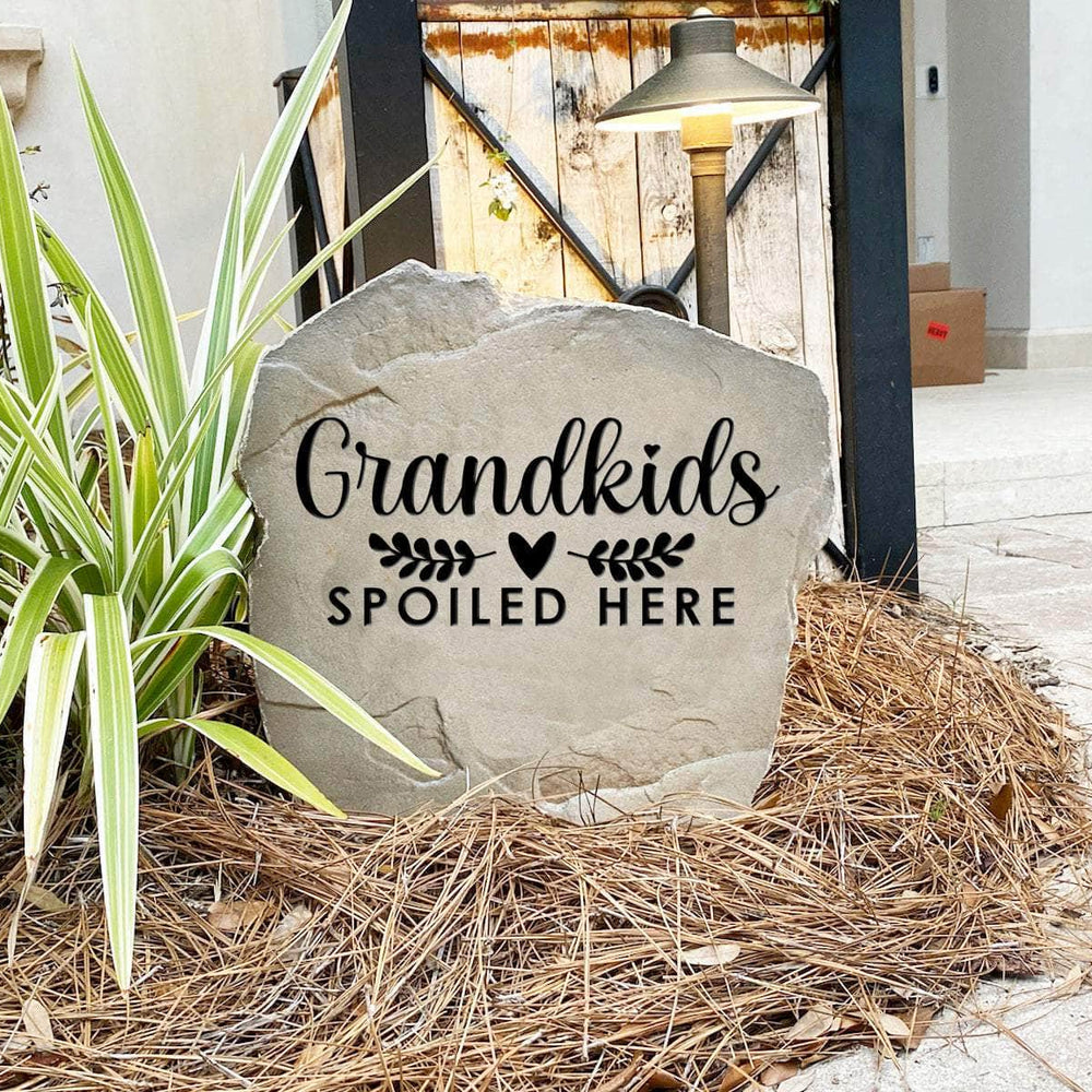 Handcrafted Grandkids Spoiled Here Stone proudly made in the USA with deep engraving and weather-resistant construction. Available in Sandstone and Greystone finishes for lasting outdoor beauty throughout every season.