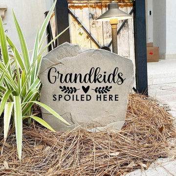 Handcrafted Grandkids Spoiled Here Stone proudly made in the USA with deep engraving and weather-resistant construction. Available in Sandstone and Greystone finishes for lasting outdoor beauty throughout every season.