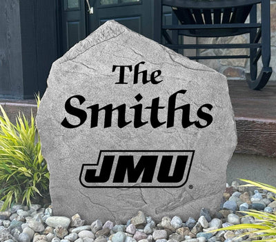 Custom JMU rock with family name for outdoor display