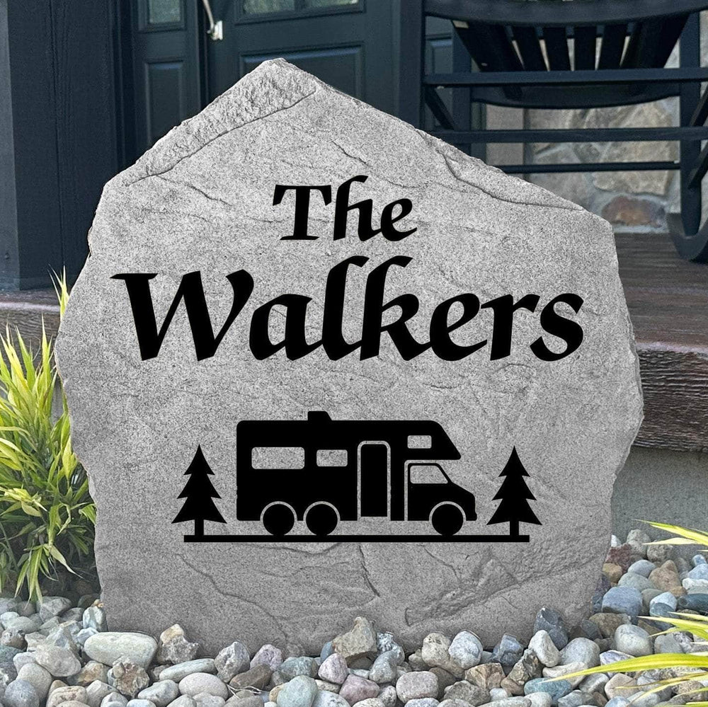 Custom RV campsite plaque crafted from durable concrete, adding a personalized touch to motorhome sites, campgrounds, and outdoor adventures.