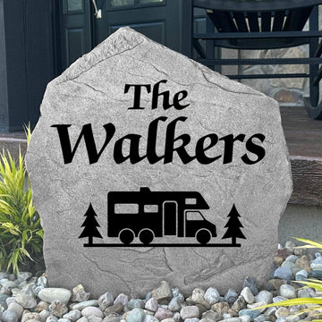 Custom RV campsite plaque crafted from durable concrete, adding a personalized touch to motorhome sites, campgrounds, and outdoor adventures.
