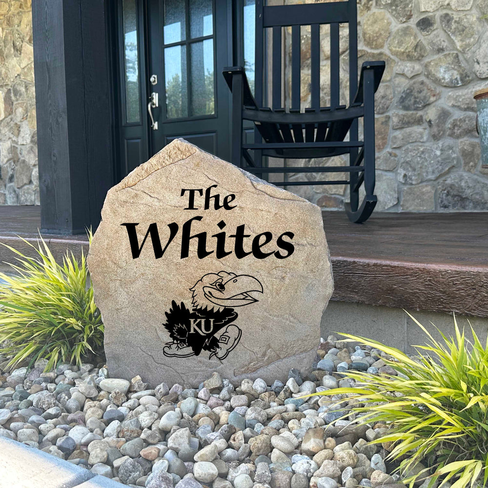 Decorative University of Kansas family name stone designed for loyal Jayhawks fans, alumni, and graduates. This personalized outdoor stone enhances curb appeal while proudly displaying your school spirit.