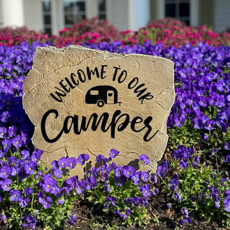 Weather-resistant camper garden marker featuring a welcoming message, perfect for seasonal campsites, lake properties, and weekend getaways.