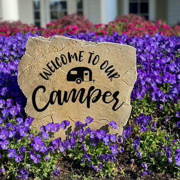 Weather-resistant camper garden marker featuring a welcoming message, perfect for seasonal campsites, lake properties, and weekend getaways.