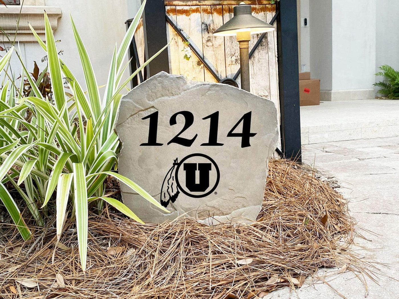 Custom University of Utah address stone for front yard landscaping