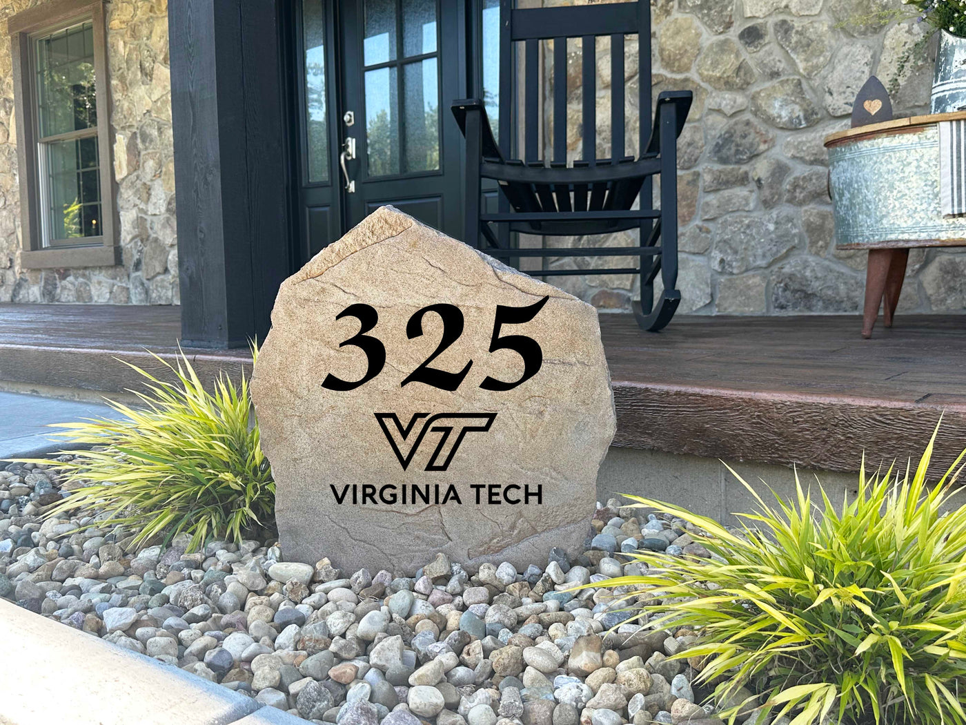 Outdoor address stone showcasing Virginia Tech logo
