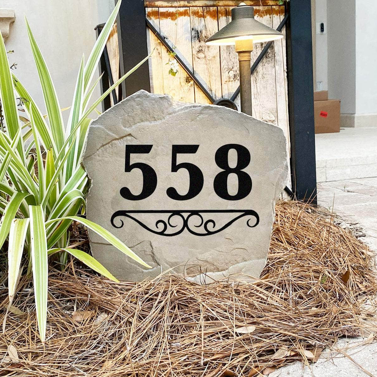 Elegant house number landscape marker featuring precision engraving, perfect for driveways, front gardens, sidewalks, and entryways.