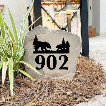 Rustic bear landscape address marker featuring personalized street numbers, perfect for mountain retreats, lake houses, and wooded properties.