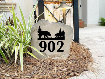 Custom engraved bear rock for front porch or garden address marker