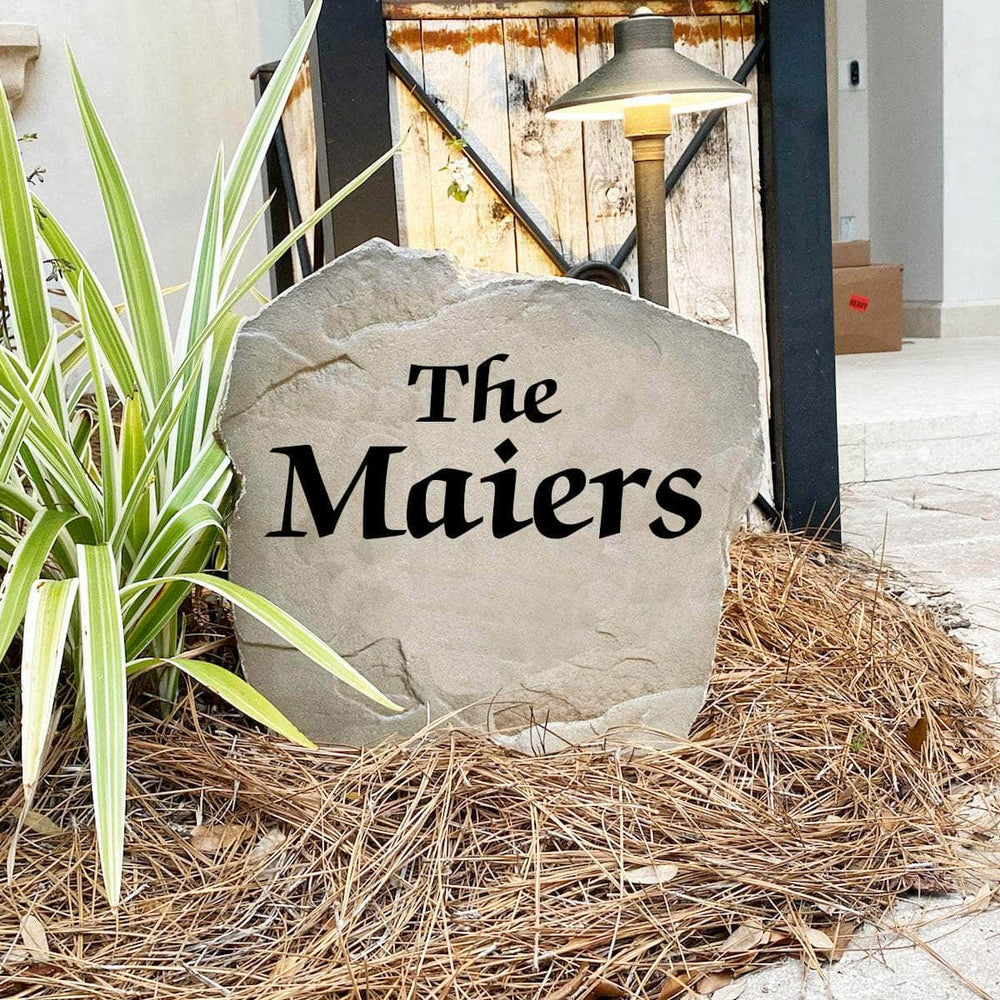 Decorative Bold Name landscape stone featuring large engraved lettering that enhances curb appeal with a clean, eye-catching design.