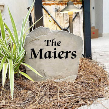 Decorative Bold Name landscape stone featuring large engraved lettering that enhances curb appeal with a clean, eye-catching design.
