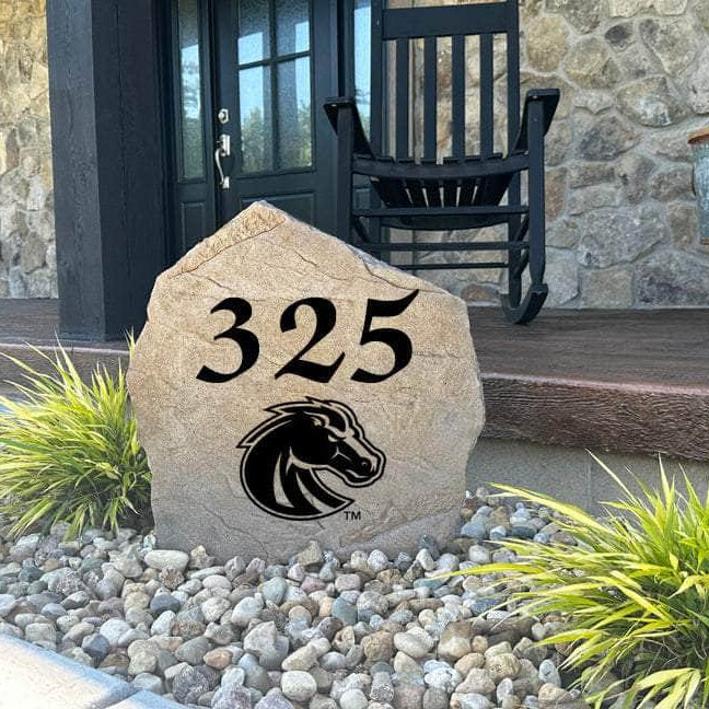 Decorative Boise State Broncos Address Stone featuring personalized house numbers permanently engraved into the stone surface alongside the official team logo. Perfect for driveways, patios, gardens, and landscape beds, this address marker celebrates Boise State tradition.