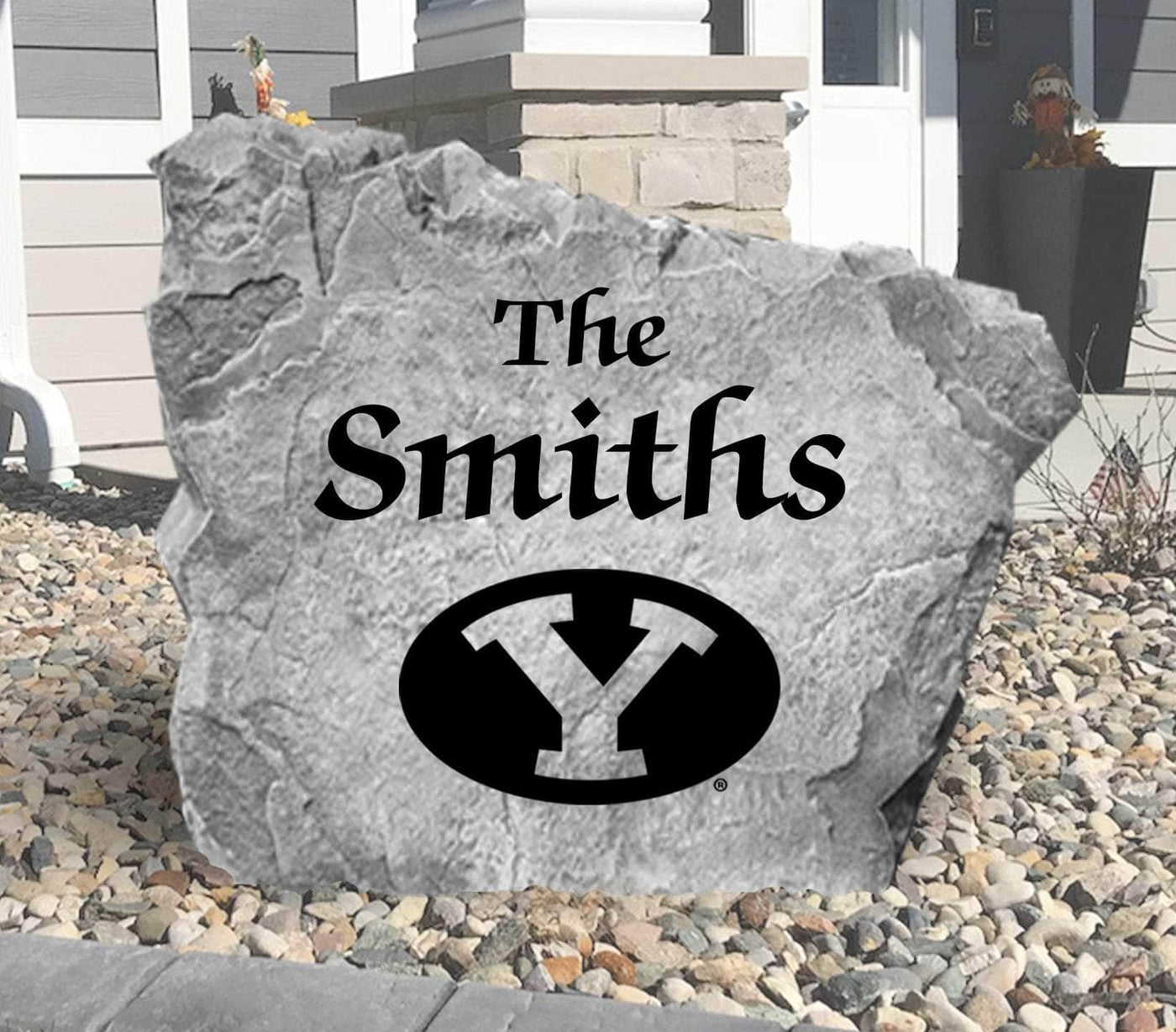 Custom BYU name stone with decorative engraving for yard display