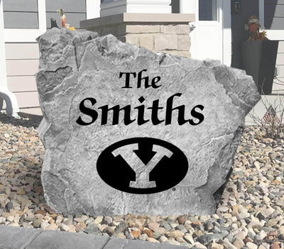 Custom BYU name stone with decorative engraving for yard display