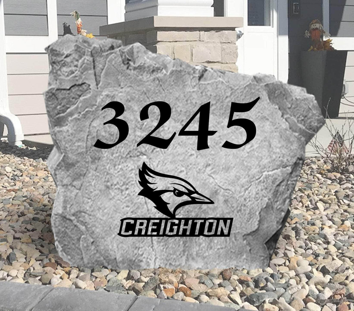 Custom Creighton house number stone for front yard display