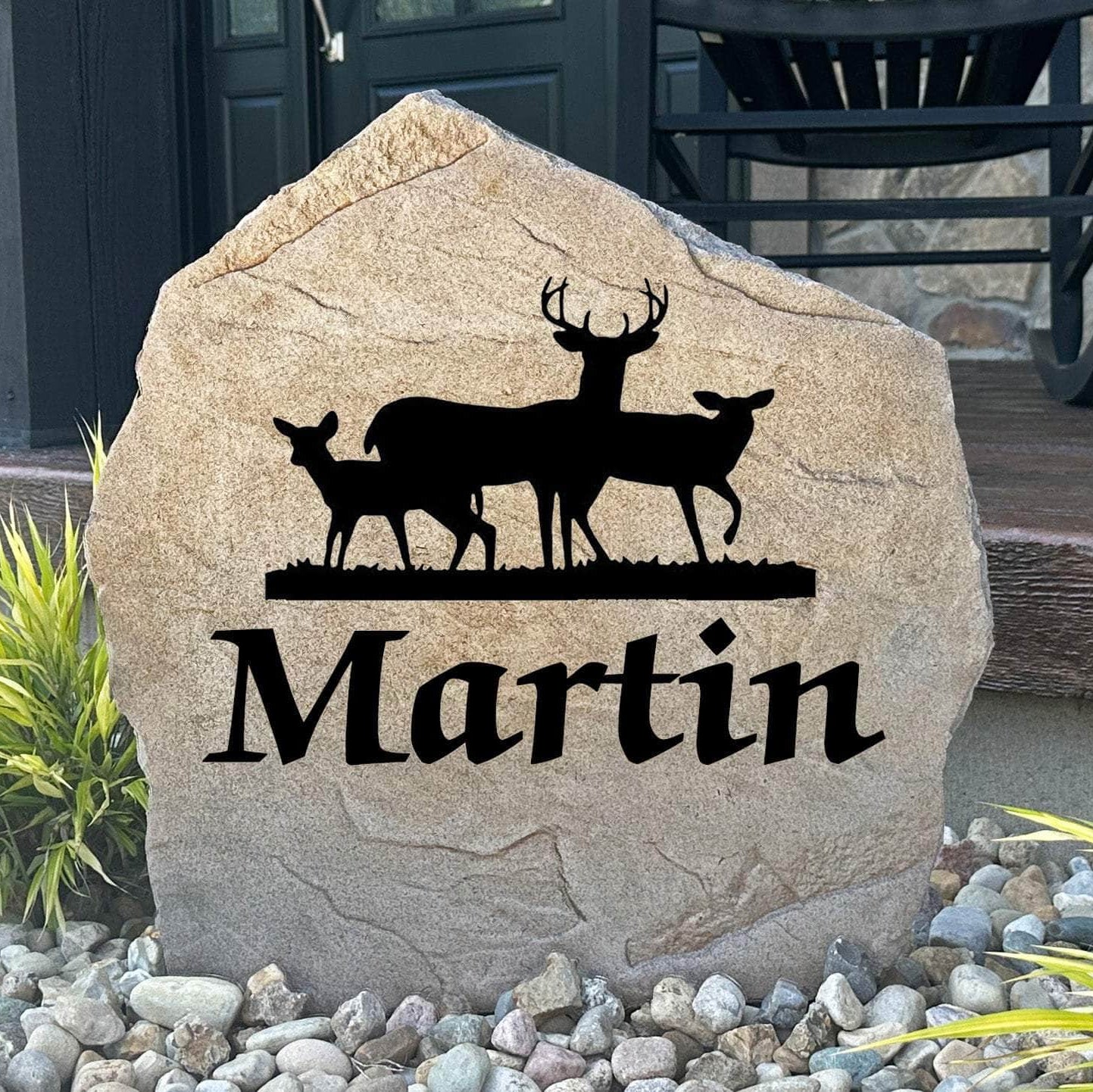 Custom deer-themed name plaque crafted from durable concrete, creating a timeless outdoor accent for hunters, nature lovers, and country homes.