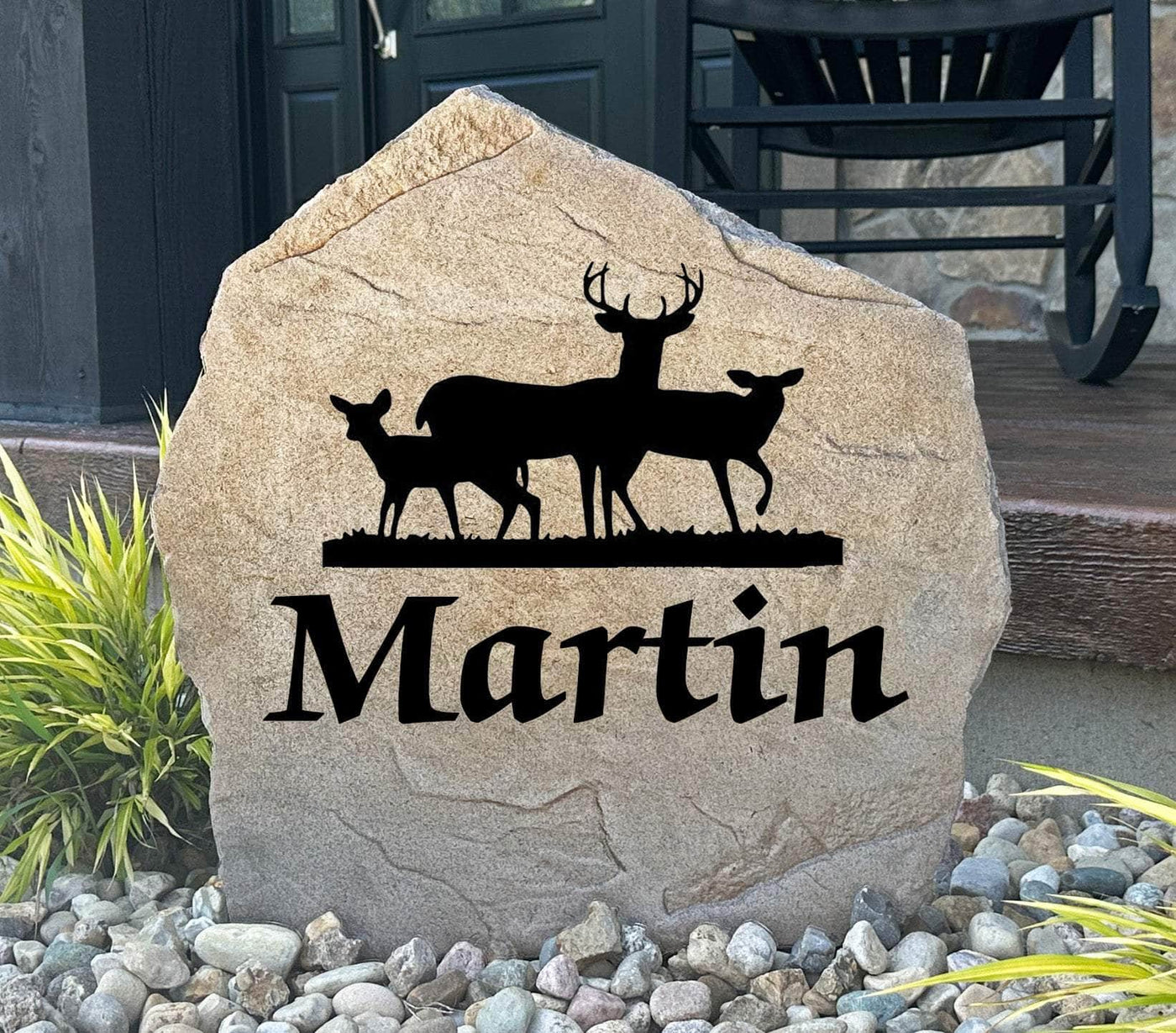 Rustic engraved deer monogram stone for garden or yard landscaping