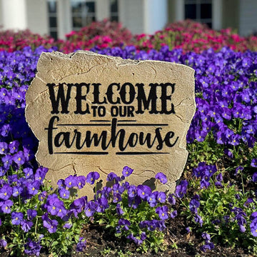 Farmhouse landscape stone featuring the message "Welcome To Our Farmhouse," perfect for country homes, barns, and peaceful rural retreats.