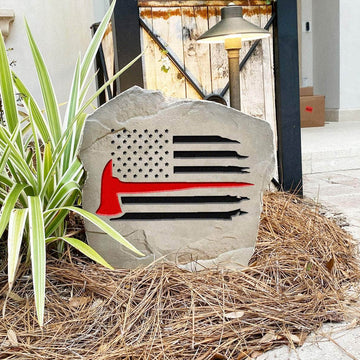 Patriotic Fireman Flag landscape stone designed to recognize courageous firefighters while enhancing gardens, walkways, and residential entryways.
