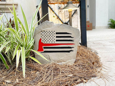 Personalized fireman flag rock for outdoor landscaping and remembrance