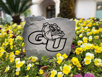 Outdoor decorative rock with Gonzaga Bulldogs logo engraving