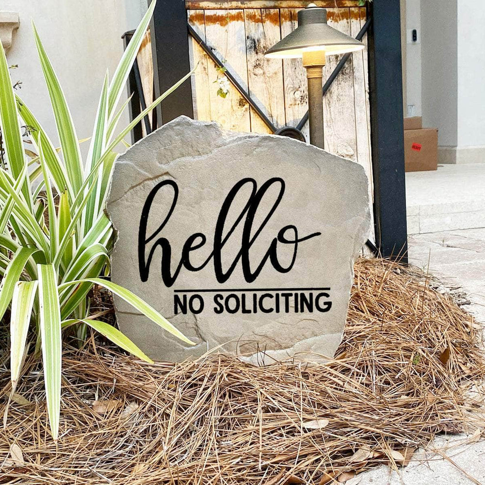 Elegant Hello No Soliciting landscape stone designed to discourage unwanted solicitors while enhancing your home's curb appeal.
