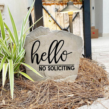 Elegant Hello No Soliciting landscape stone designed to discourage unwanted solicitors while enhancing your home's curb appeal.