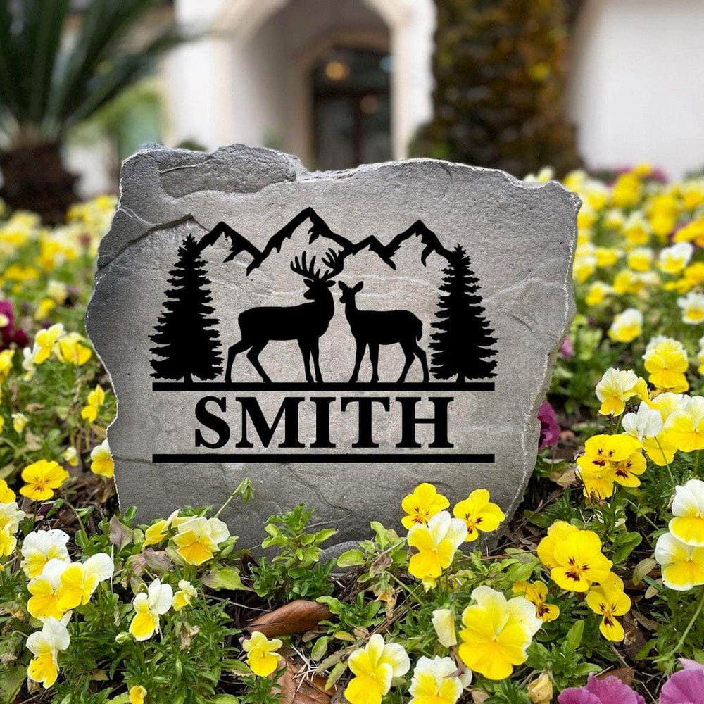 Personalized Deer Mountain Name Stone handcrafted in the USA with elegant mountain scenery and deer details. This decorative garden stone enhances entryways, landscape beds, and cabin properties with lasting beauty.
