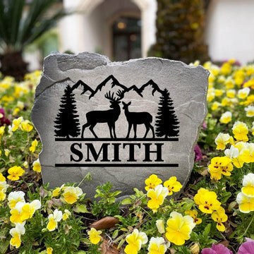 Personalized Deer Mountain Name Stone handcrafted in the USA with elegant mountain scenery and deer details. This decorative garden stone enhances entryways, landscape beds, and cabin properties with lasting beauty.