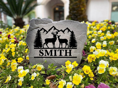 Custom deer scene rock with family name, perfect for cabins, yards, or landscaping.