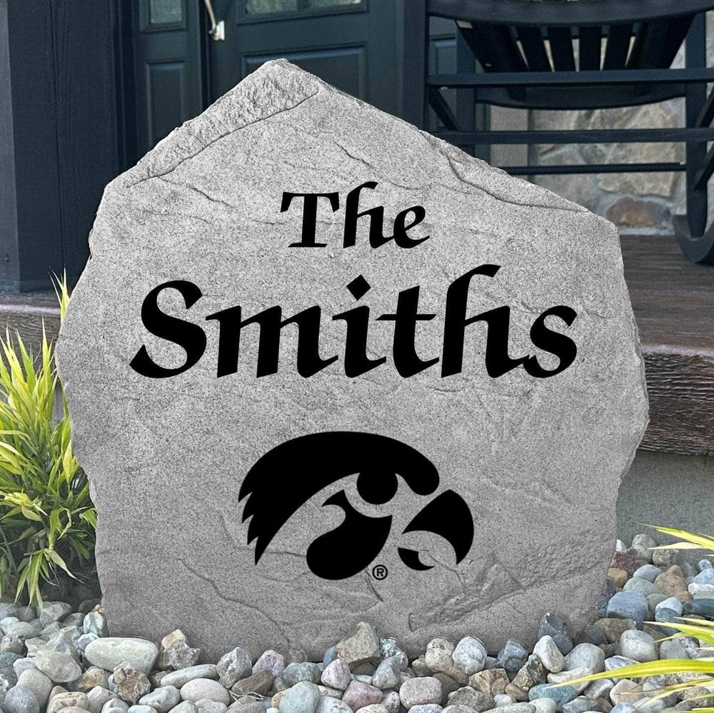 Custom University of Iowa Name Stone featuring the official Hawkeyes logo and your personalized family name. A perfect addition to gardens, patios, landscape beds, and front entryways for devoted Iowa fans.