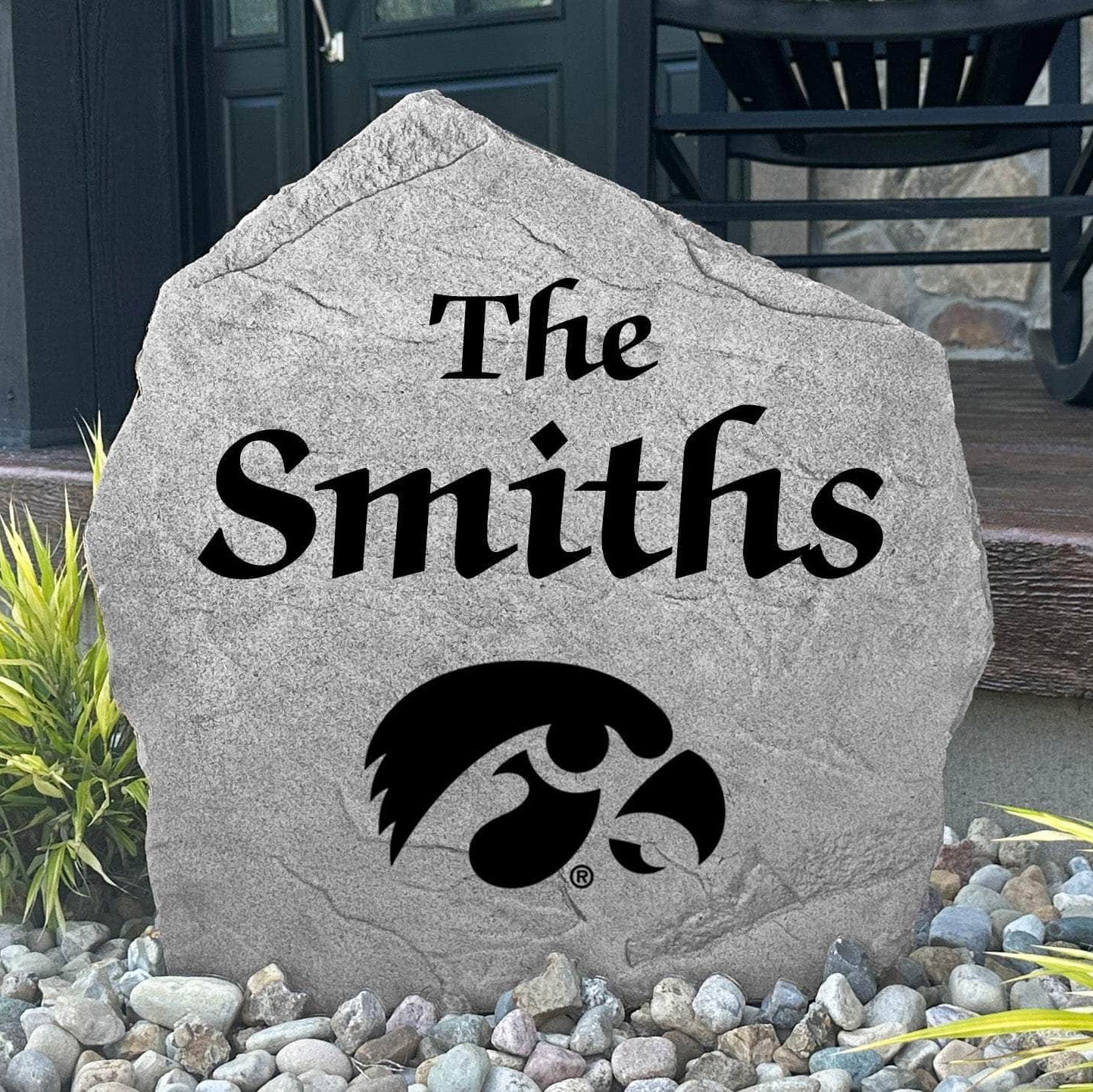 Custom University of Iowa Name Stone featuring the official Hawkeyes logo and your personalized family name. A perfect addition to gardens, patios, landscape beds, and front entryways for devoted Iowa fans.