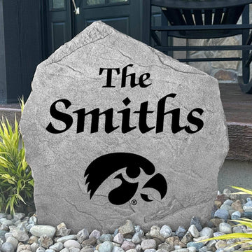 Custom University of Iowa Name Stone featuring the official Hawkeyes logo and your personalized family name. A perfect addition to gardens, patios, landscape beds, and front entryways for devoted Iowa fans.